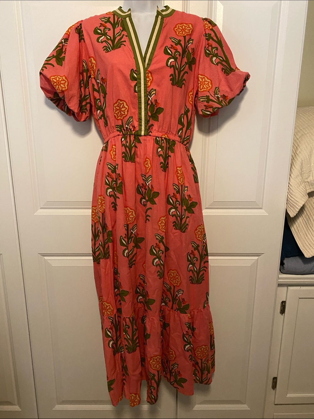 THML Pink Floral Maxi Dress with Olive Trim - Picture 1 of 13